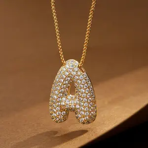 18K gold-plated 26-letter full-diamond bubble necklace, exaggerated zircon large gold chain, English pendant, European and American jewelry