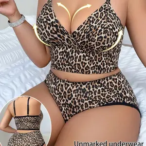 Leopard Print Plus Size Set with Large Rebound Stranglelessness Widen Raise Back U Shaped Back Beautiful Lines