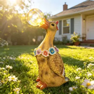 Porch Goose Statue with Solar Bubble Light Garden Yellow Figurine Decor for Yard Lawn Patio Outdoor Decorations Housewarming Gifts for Mom Grandma Women