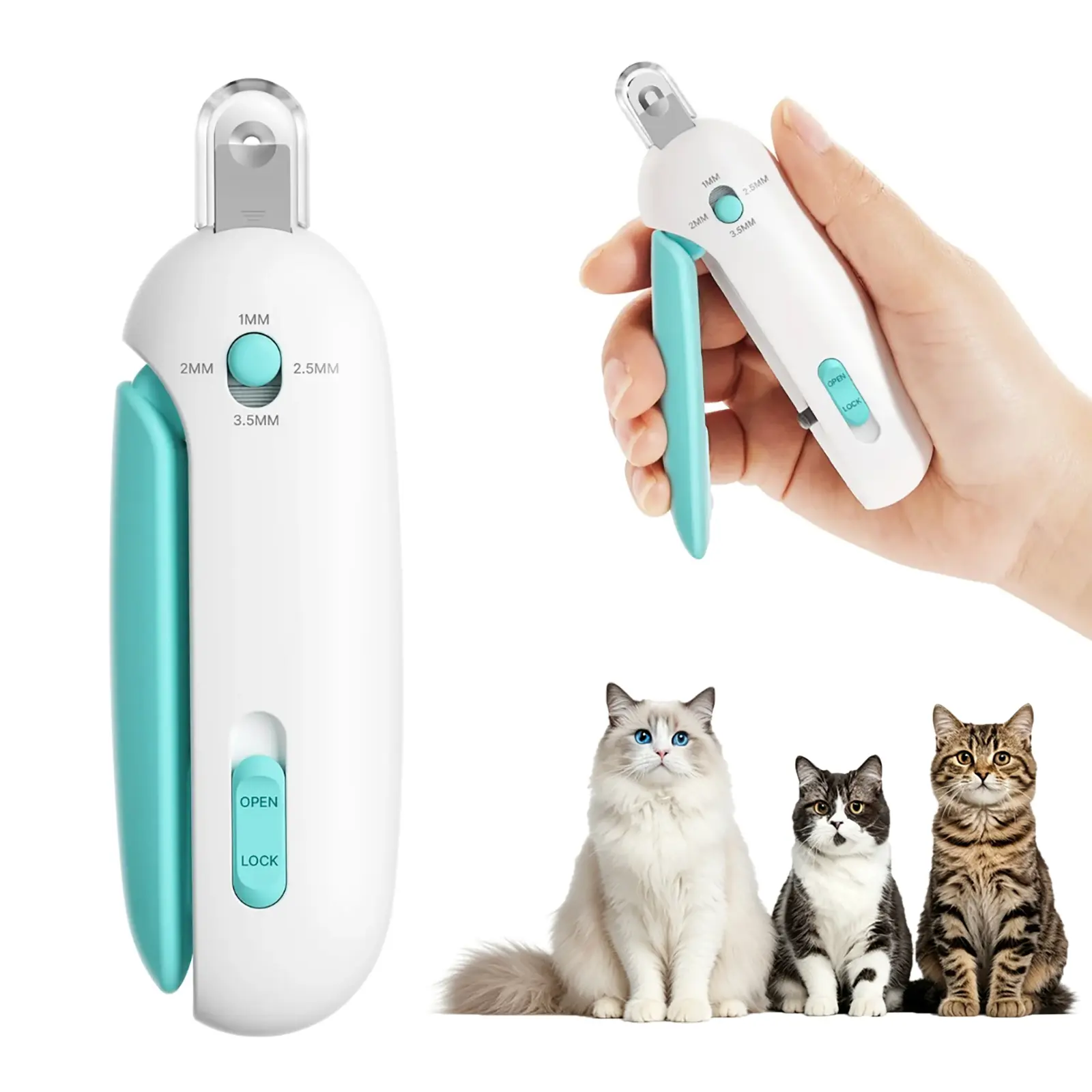 2 in 1 Adjustable 4 Sizing Holes Cat Nail Clipper with Hidden Nail File Anti Splash Lockable Comfort Grip Handle Portable Safe Pet Grooming Tool Fits 1-3.5mm Nails for Kittens & Indoor Cats