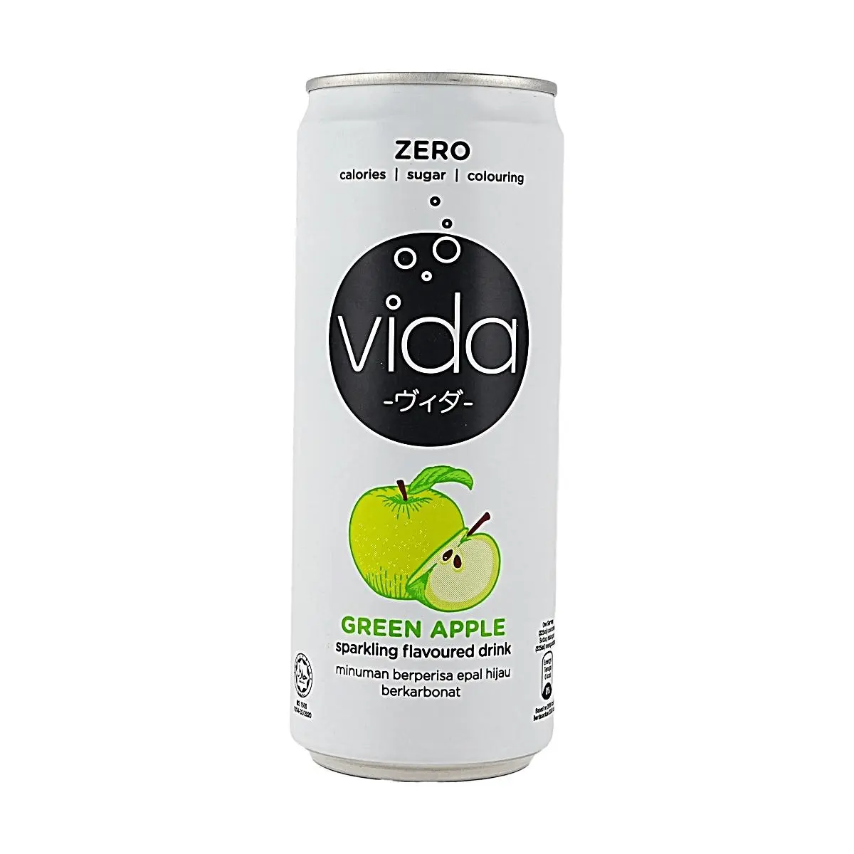 VIDA Sparkling Drink Malaysia - Green Apple Flavor, Zero Sugar, Zero Calorie, Zero Fat, 325ml Can
