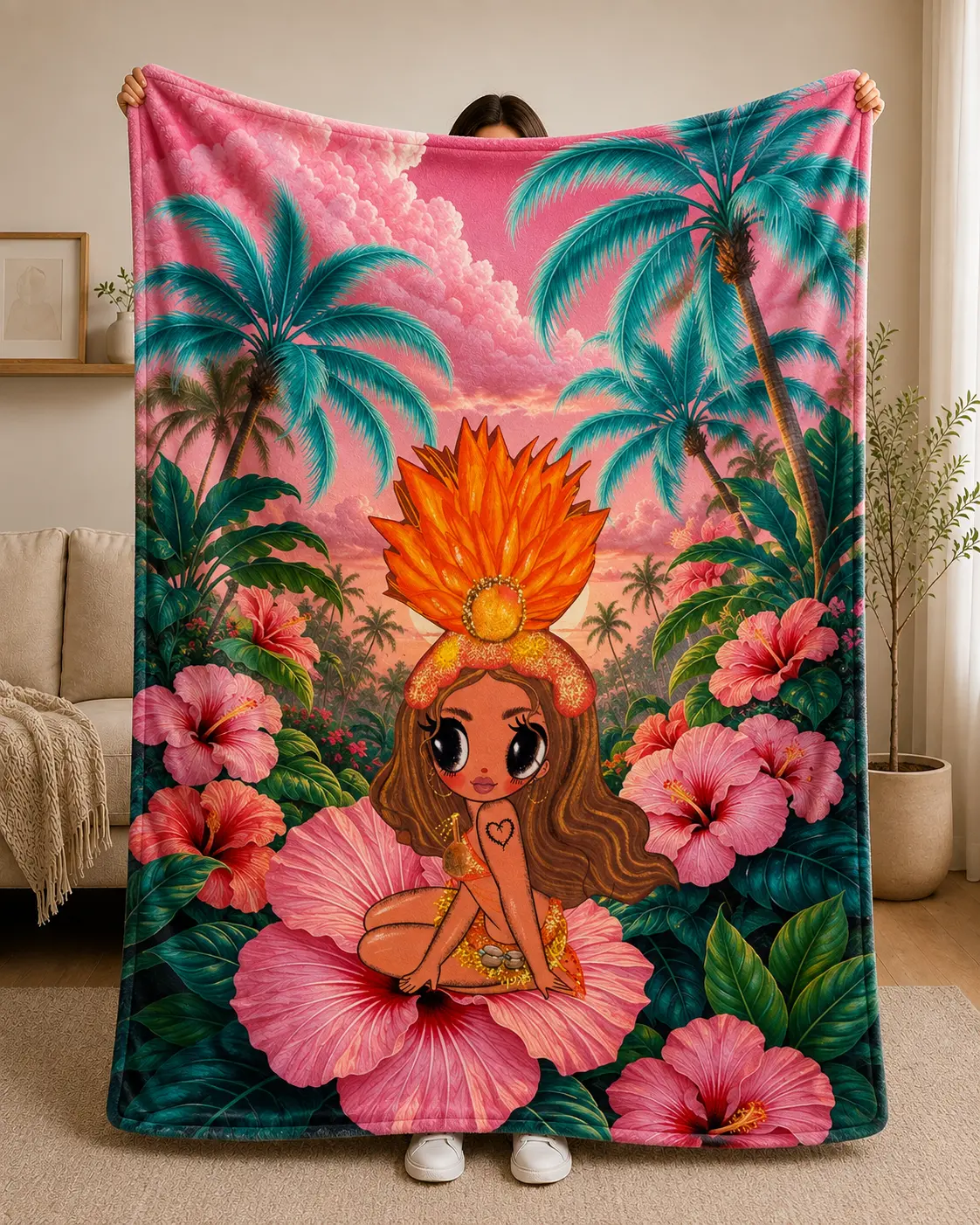 Tropical Hibiscus Girl Blanket, Hawaiian Floral Throw Blanket, Pink Palm Tree Plush Blanket, Island Paradise Decor, Tropical Gift for Her