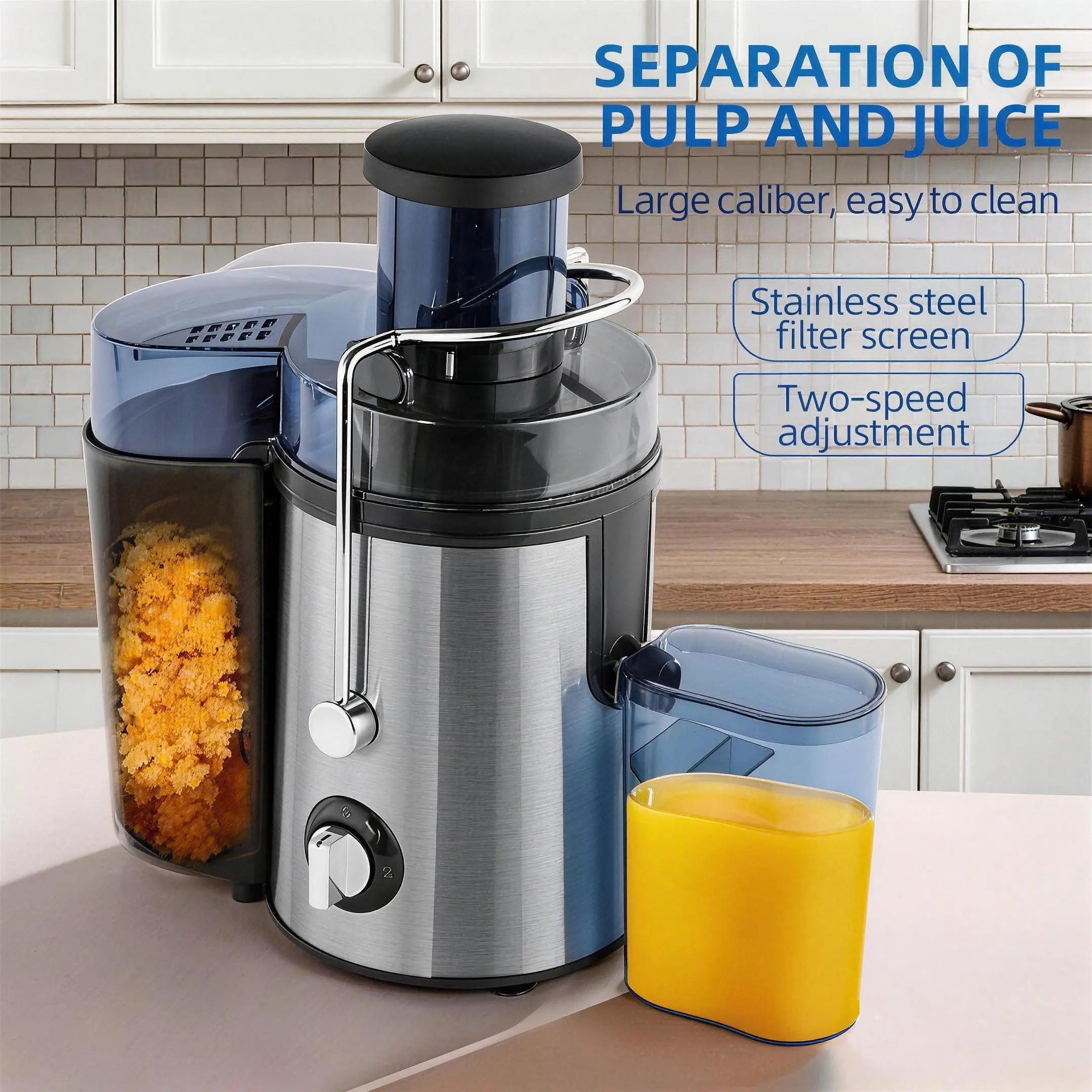 High Power 500W Household Juice Extractor, Large Caliber Design for Various Fruits Vegetables, Food Grade Stainless Steel, Non-toxic Safe Material, Easy Clean Home Kitchen Juicer