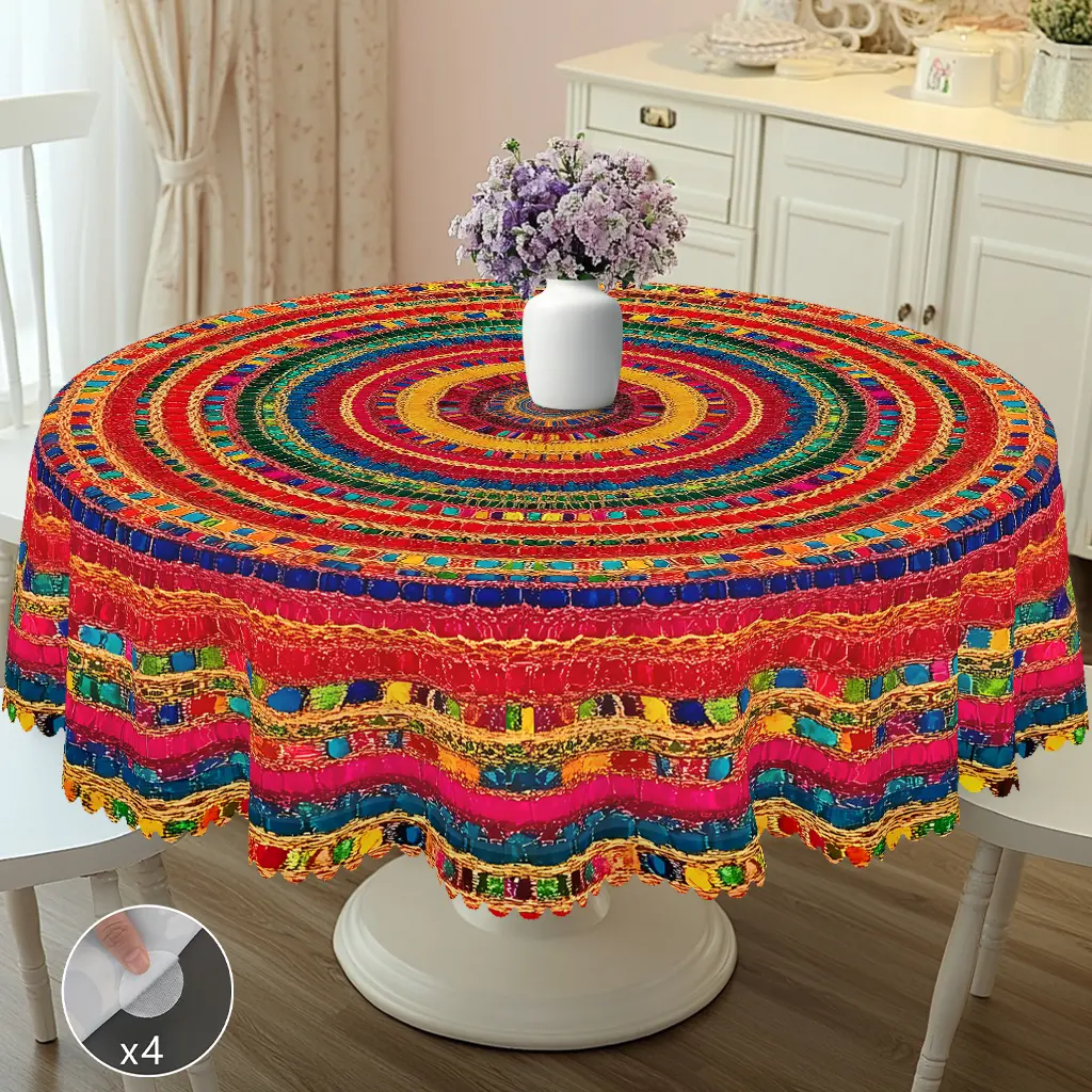 PLUMLIK Polyester Geometric Boho Tablecloth - Vibrant Round/Rectangle Cover for Indoor Kitchen Farmhouse, Retro Exotic Holiday Festive Party Decor, Thanksgiving Christmas Gift
