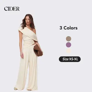 Cider Asymmetrical Neck Ruched Top & Mid Rise Wide Leg Trousers Set SwimWeek