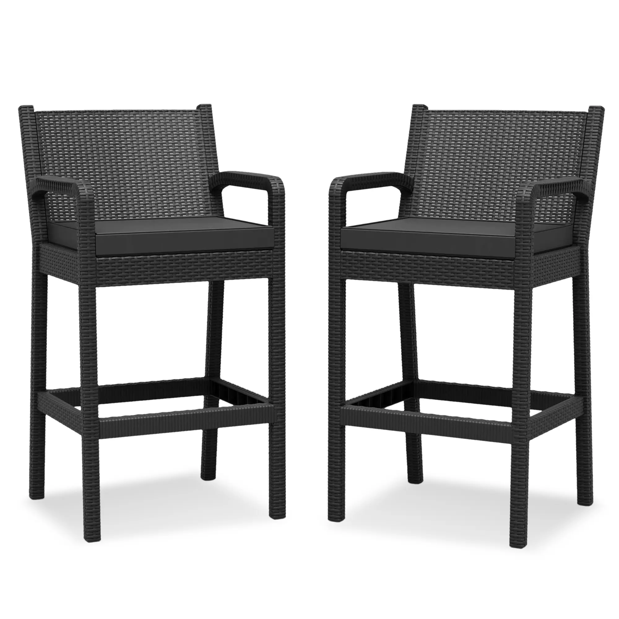Set of 2 Wicker Bar Stools with Cushions, Indoor Outdoor Bar Height Chairs Wicker with Footrests and Armrests for Backyard, Patio, Pool, Garden, and Deck