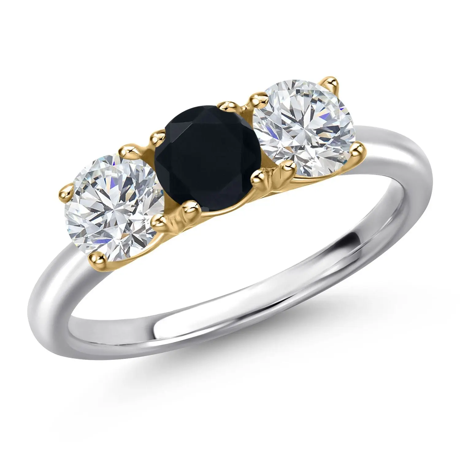 925 Silver and 10K Yellow Gold Black Onyx and Lab Grown Diamond Engagement Ring For Women | 1.48 Cttw | Round 5MM | Gemstone December Birthstone