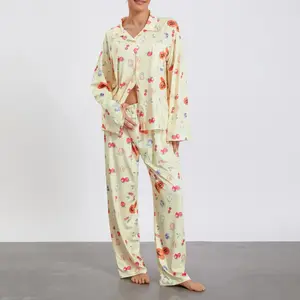 Women's Garden Breeze Yellow Pajama Set - Long Sleeves - Loungewear Nightwear Womenswear