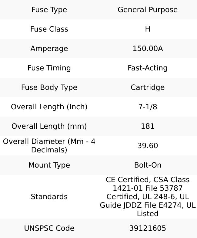 Bussmann 125 VDC, 250 VAC, 150 Amp, Fast-Acting General Purpose Fuse Bolt-on Mount, 7-1/8" OAL, 10 (RMS Symmetrical) kA Rating, 1-9/16" Diam NON-150