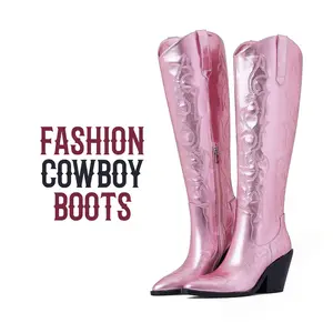 Womens Cowboy Boots Metallic Knee High Boot Pointed Toe Chunky Block Heel Embroidered Wide Calf Side Zipper Pull On Dressy Country Wedding Outdoor Concert Tall Long Cowgirl Shoes Spring Boot