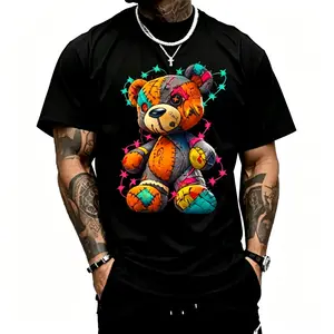 Men’s Loose Street Style T-Shirt - Colorful Patchwork Teddy Bear Graffiti,  Urban Y2K Street Casual Short Sleeve, a Must-Have Below $10, Perfect for Retro Parties & Street Snaps, an Essential for Campus & Streetwear., Top, Stu
