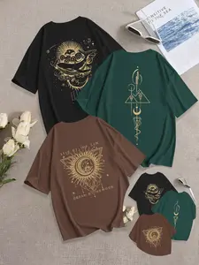 Sun Moon Flower Print Loose T-Shirt, Street Casual Style, Y2K Minimalist Design, Short Sleeve, Unique Vintage Streetwear
