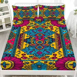 Fitted Sheet 3-Piece Set - 2D Flat Printed Yellow, Blue, Pink Floral Geometric Pattern Mattress Covers, Available in Ten Sizes (1*Fitted Sheet + 2*Pillowcases, No Filler). skin-friendly and breathable bedding, suitable for family bedrooms .