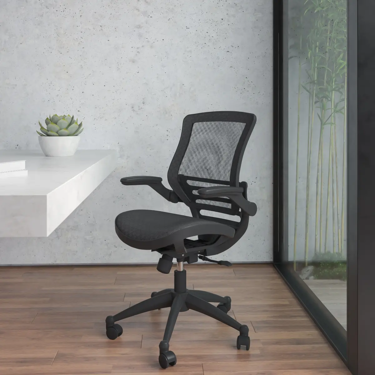 Flash Furniture BL-8801X-BK-GG Executive Swivel Office Chair, Modern Mid-Back, Transparent Black Mesh, Black Metal Frame, Adjustable Flip-Up Arms, Spin, 43 Lbs