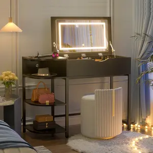 Flip Top Makeup Vanity Desk with LED Mirror and Hiden Storage,3-Color Modes,Small Modern Makeup Table with Charging Station and Side Storage Rack