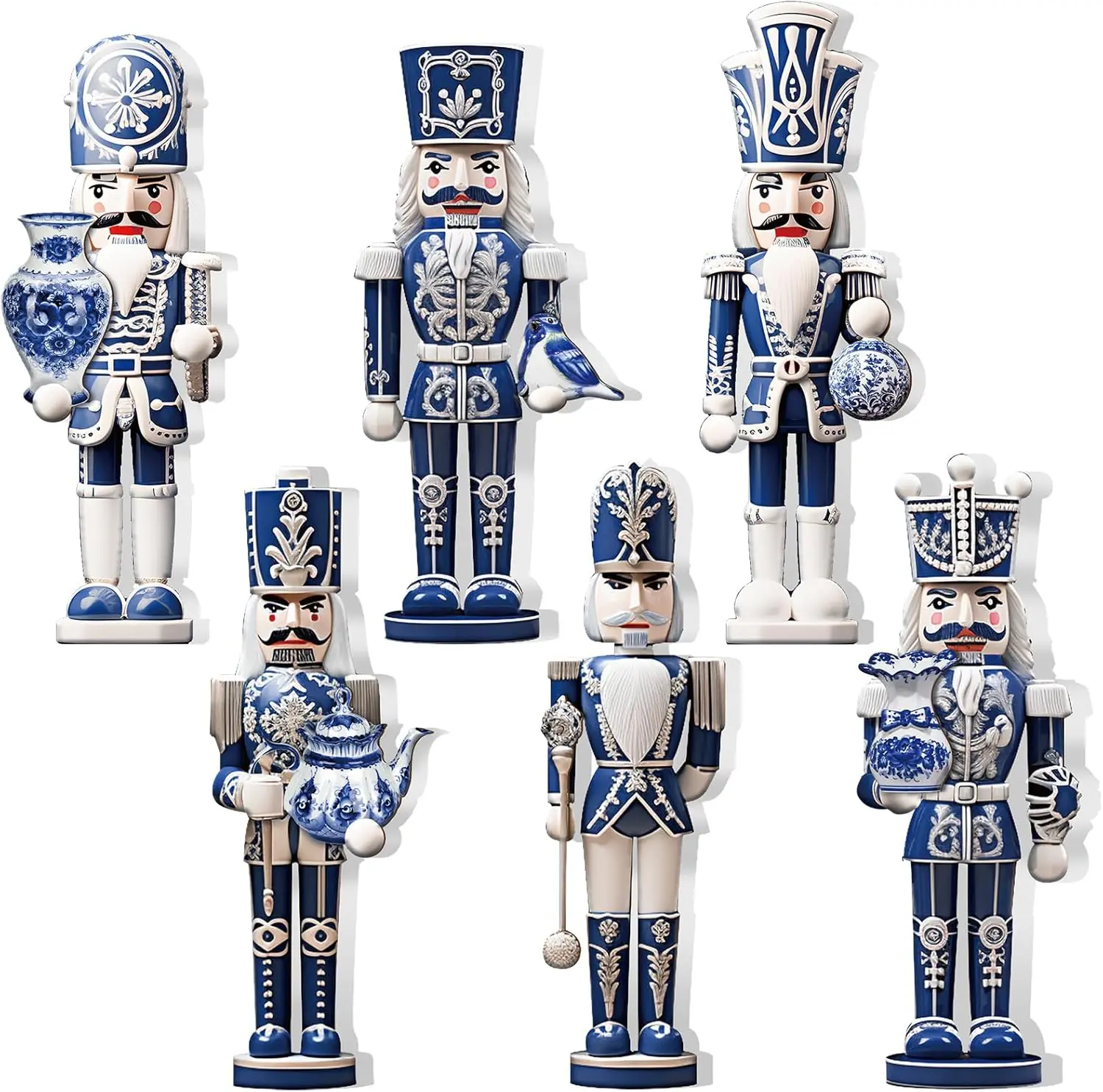 6 Pcs Christmas Nutcracker Table Decorations Wooden Blue White Porcelain Nutcracker Table Centerpiece Double Sided Chinoiserie Soldier Wood Signs for Christmas Tabletop Home Tiered Tray Decor