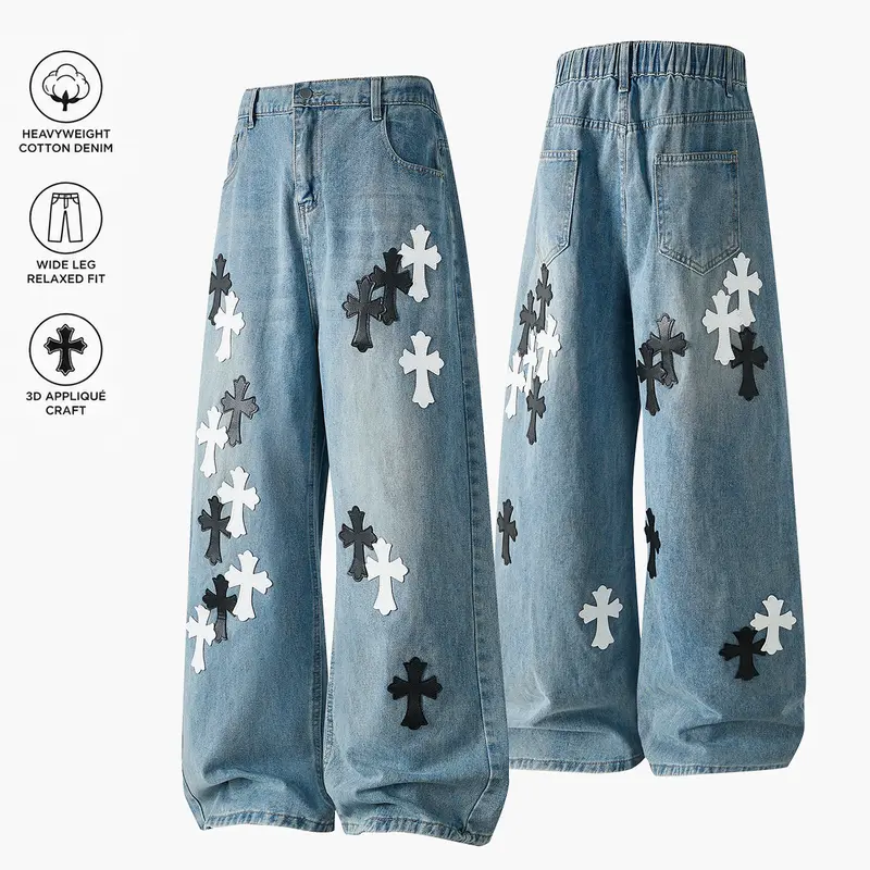 High-street cross patch jeans for men and women, washed and distressed wide-leg pants with a vintage drape, loose straight-cut long pants