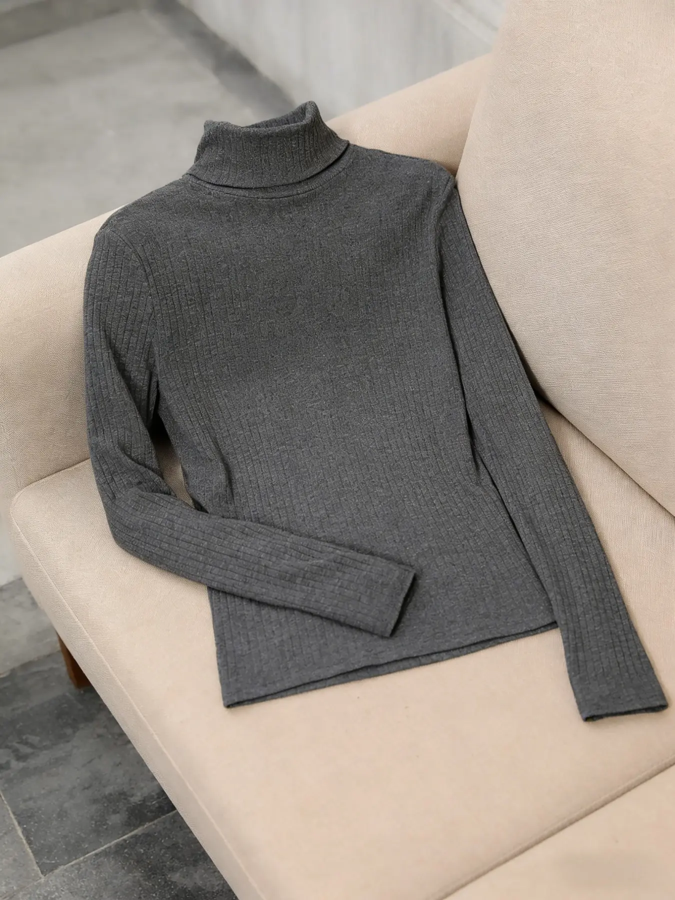 Soft Skin-Friendly High Neck Base Layer Sweater, Tight Fit Slimming Vertical Stripe Stretch Warm Versatile Casual Fall Winter Inner Long Sleeve Knit Top Women
