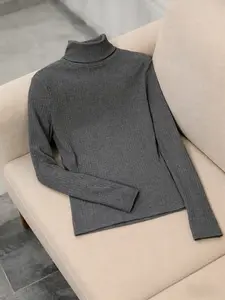 Soft Skin-Friendly High Neck Base Layer Sweater, Tight Fit Slimming Vertical Stripe Stretch Warm Versatile Casual Fall Winter Inner Long Sleeve Knit Top Women