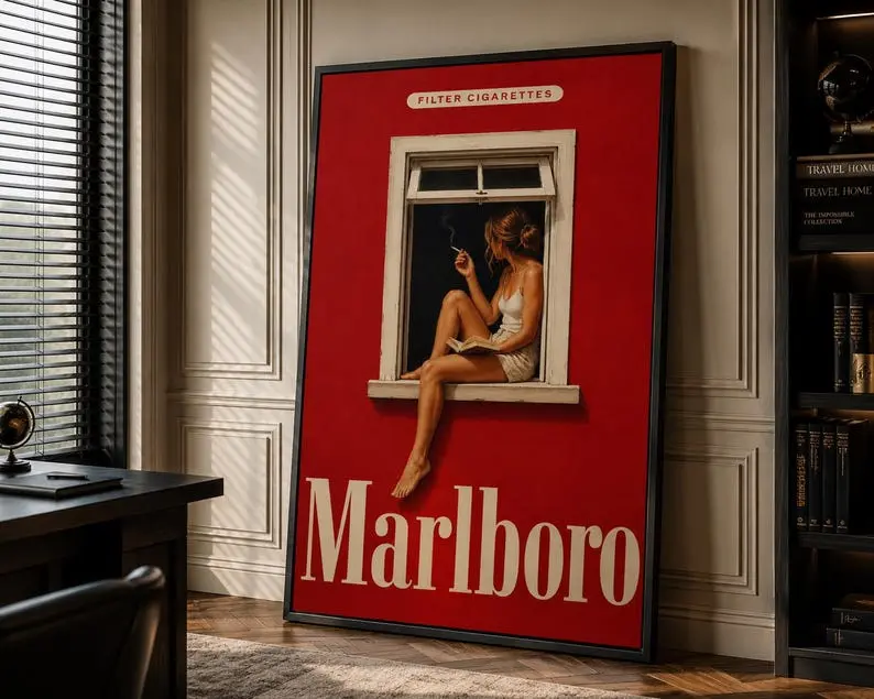 Vintage Marlboro Reading Woman Artistic Poster, Retro Red Literary Print, Decorative Artwork for Bedroom & Kid Room, Dining Room Wall Art, Home Inspo Mother’s Day Supplies