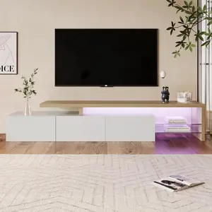Rosahqnda Modern TV wardrobe, stylish elegance, practical storage space, high gloss white, wood look, glass shelves, 200x42x39 cm