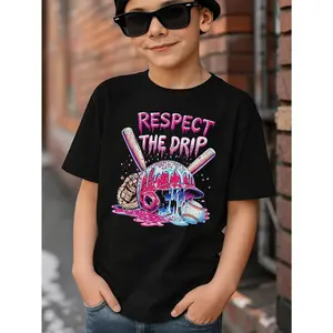 Young Boy's Melting Baseball “Respect The Drip” Baseball Graphic T-Shirt, Cool Street Style Dripping Helmet Tee for Boys & Girls