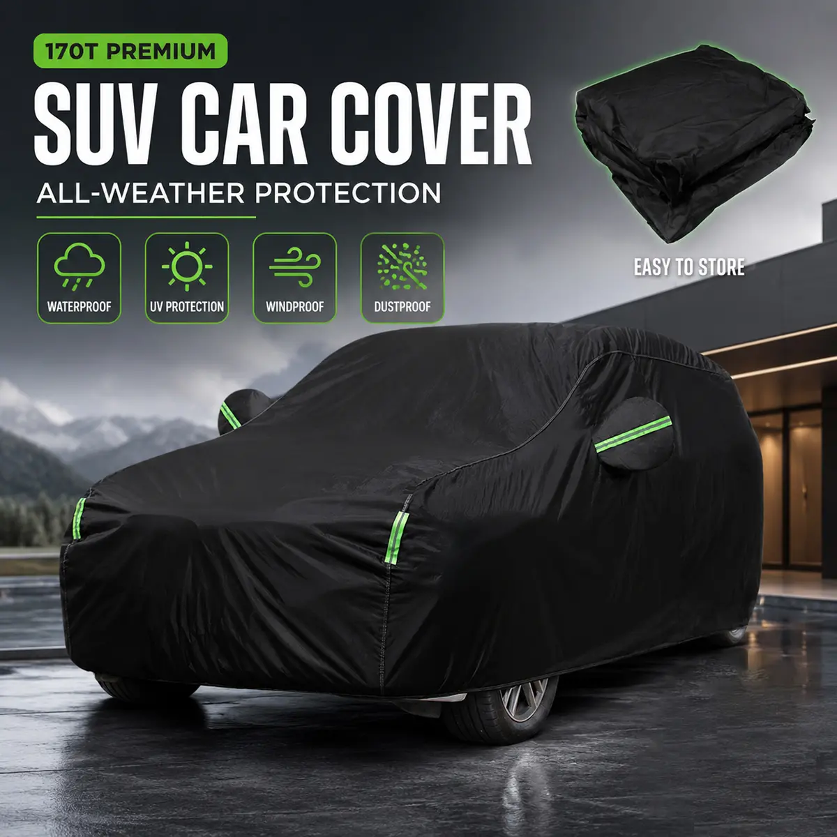 Heavy Duty SUV Car Cover Outdoor All Weather Snowproof UV Sun Protection Universal 15.9-16.7ft Scratch Resistant Black custom fit dust