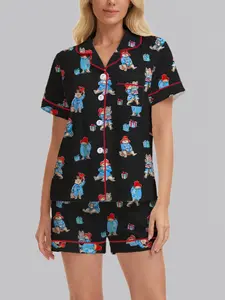 2-piece Paddington Bear Cartoon Women's Pajama Set: Short-sleeved collared button-down soft top and loose, stretch, Elastic shorts; everyday wear, holiday pajama party outfit, casual outdoor comfortable women's pajamas and loungewear