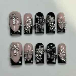 [FLASH SALE 50%] Handmade Y2K Grunge Press On Nails - Silver Cross, Star, French Tip, Medium Square, for Baddie Vibes