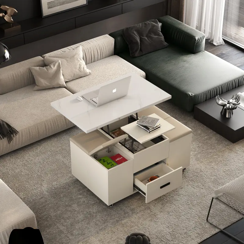 Bellemave 4-in-1 Hydraulic Multi-Functional Transformable Contemporary Coffee Table with 4-Stool Set - MDF, Lift-Top, Easy Expansion, Hidden Compartment, 2 Drawers, Space-Saving Folding Dining Table for Living Room (W1321S00014)