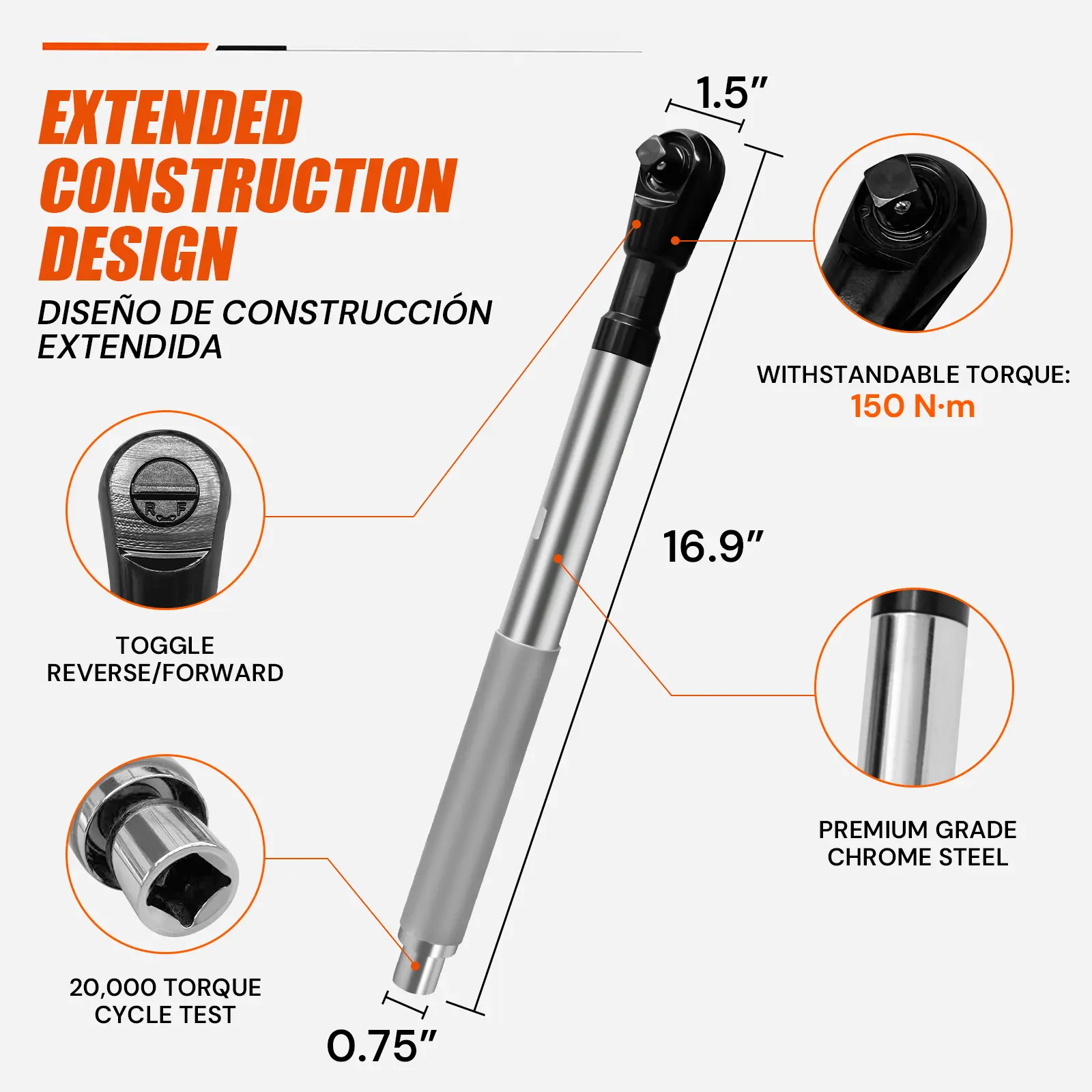 Sekam 150N-m Tight Reach Extension Wrench | 40-Tooth CR-V Steel Offset Wrench with 1/2" 3/8" 1/4" Adapters | Impact & Electric Wrench Compatible for Auto Repair in Tight Spaces