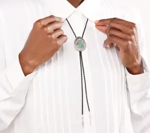 American West Sterling & Braided Leather Gemstone Concha Bolo Necklace