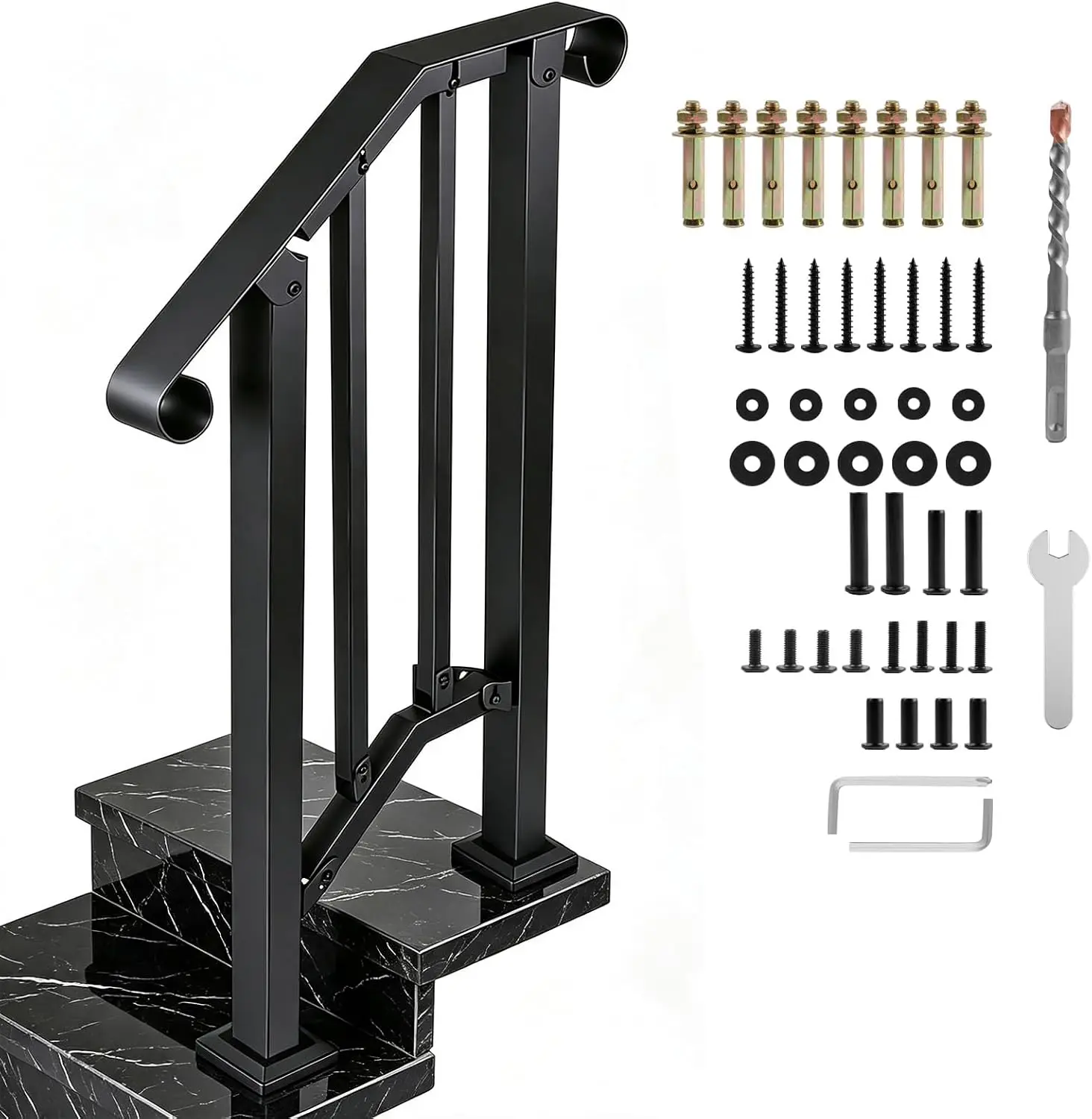 Hand Rails for Outdoor Steps, 1 Step Stair Hand Rail Kit, Thickened Rust-Proof Square Tube Frame, Full Complete Hardware Kit, Stair Railing for Seniors, Garden & Porch & Outdoor, Black