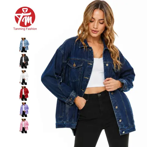 Tanming Womens Oversized Denim Jacket Long Sleeve Button Down Boyfriend Jean Coat with Pockets Casual Fall Spring Back to School Work Streetwear Outfits Clothing