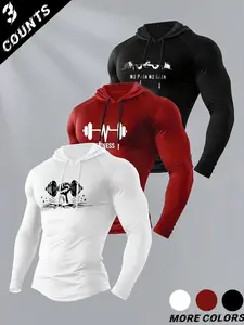 Men's Classic 3-Piece Set Letter Dumbbell Print Hooded Long Sleeve T-Shirt, Casual Fitted Top for Fall & Winter Gym Wear, Gym Workout Shirt, Letter Graphic Hoodie