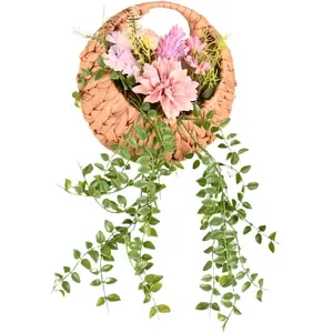 Wickerwork Wicker Wall Baskets - Faux Dahlia Floral Arrangement,No Assembly Hanging Wicker Basket for Living Room Wedding Decor(Light Pink)