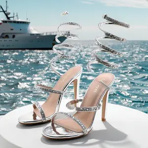 Womens's Rhinestone Sandals-Sparkly Heels Ankle Wrap Up Strappy Shoes ZYX