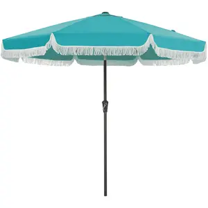 Heavy Duty Patio Umbrella – 9FT Outdoor Market Parasol with Vintage Fringe, 8 Fiberglass Ribs, Crank Handle, Push Button Tilt, Boho Tassel – Ideal for Backyard, Pool, Garden, Deck, Camping
