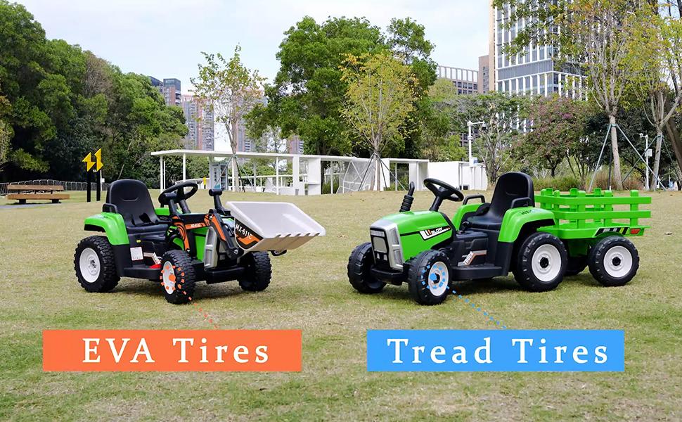 GARVEE 12V Electric Tractor with Trailer: Toddler Ride-On Car, Remote Control, 7-LED Headlights, 2+1 Gear Shift, MP3/USB, for Ages 3-6, Available in Green with 25W or 35W Motor Options and Tread or EVA Tires.