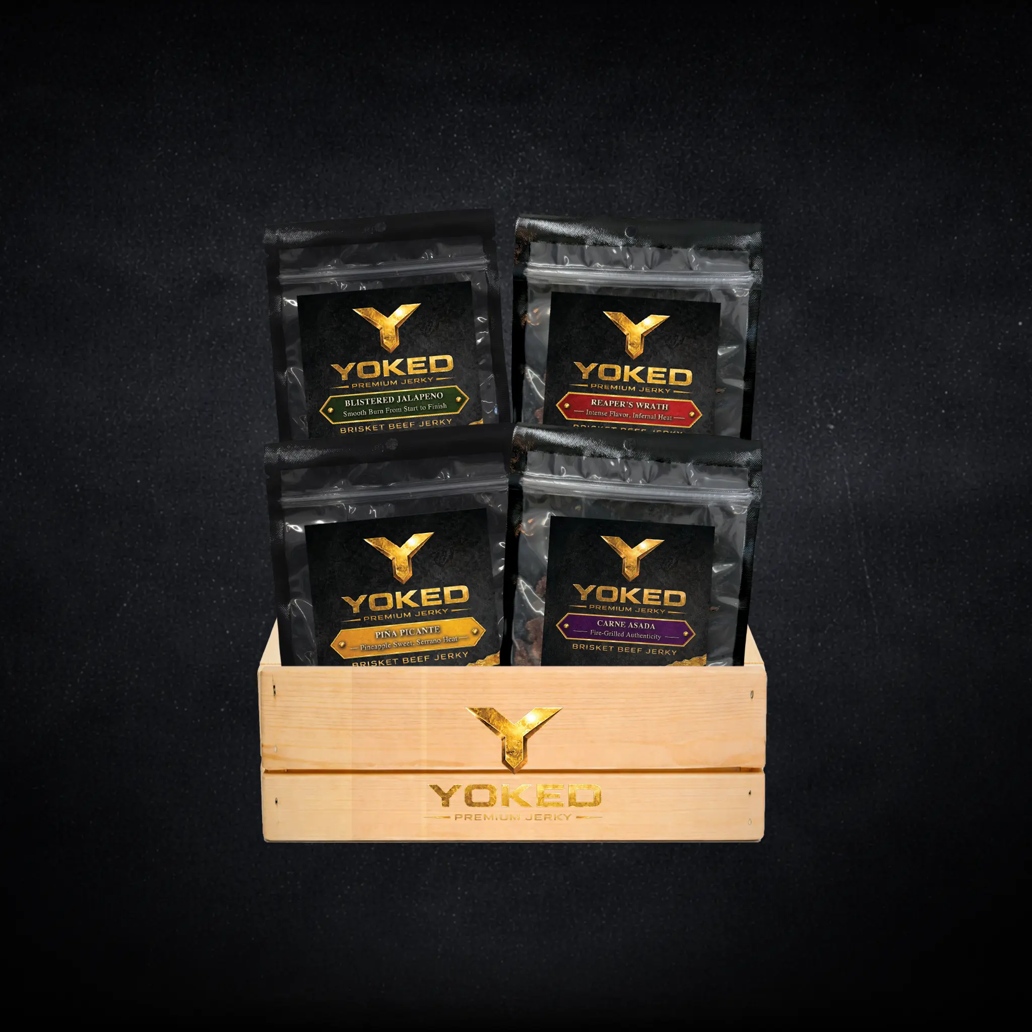 Yoked Inferno Pack | 4-Pack Spicy Premium Brisket Beef Jerky Variety Bundle | High Protein Heat Lovers Collection
