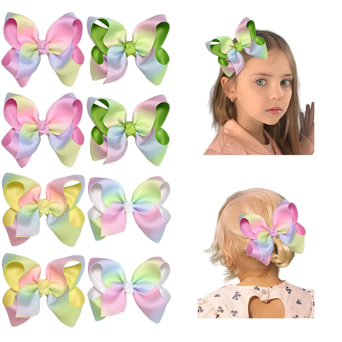 JoyBowie 8pcs Pastel Rainbow Hair Bows for Girls  Large Ombre Bow Clips | Cute Gradient Grosgrain Hair Accessories for Toddlers, Birthday & Summer Outfits