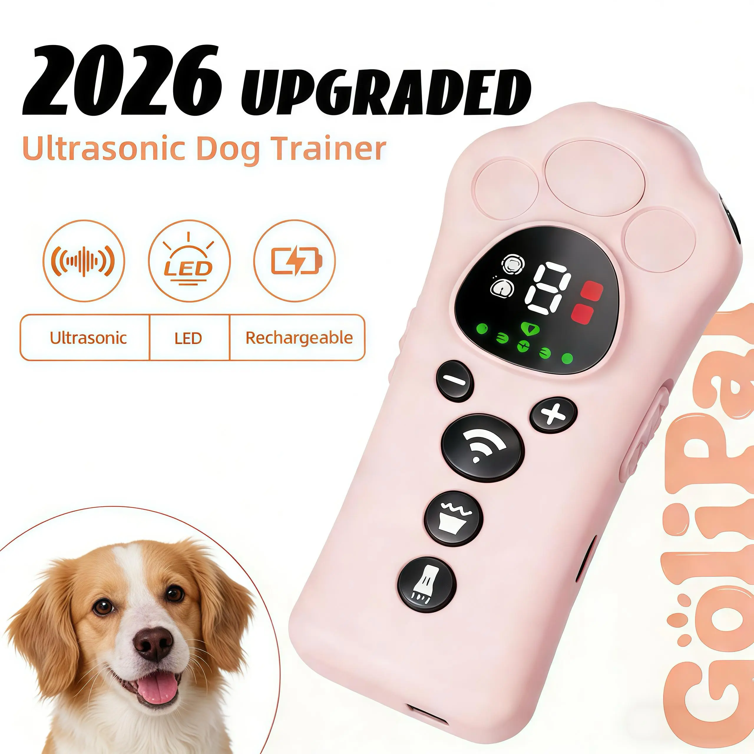 Golipal 2026 Upgraded Ultrasonic Dog Training Aid - 270° Wide Angle Anti-Bark Repellent, Adjustable Levels, Flashing Strobe Light, Rechargeable, Portable Design for Travel Use