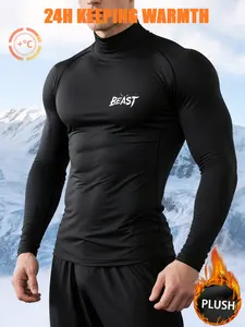 Men's Winter Compression Sports Top – Fleece-Lined Black Long Sleeve, Stand Collar, Stretch Fit with Graphic Print for Outdoor Training & Cold Runs, Athletic Sports Clothing