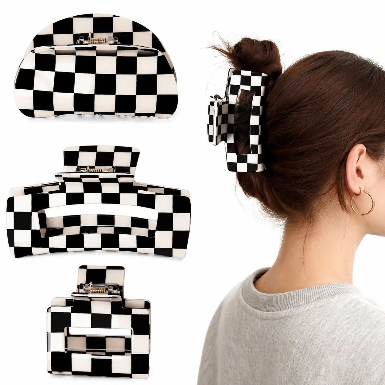 3Pcs Y2K Checkered Hair Claw Clips for Women Girls, Vintage Aesthetic Black White Barrettes with Non-Slip Teeth for Thin Thick Hair, 90s Retro Hair Accessories Set