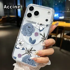 Magnetic Case for iPhone 17 16  Pro Max Plus 15 14 13 12 11 Air E Floral Elegant Harmony  Pattern Acrylic Back Silicone Edges Waterproof Mobile Phone Cover