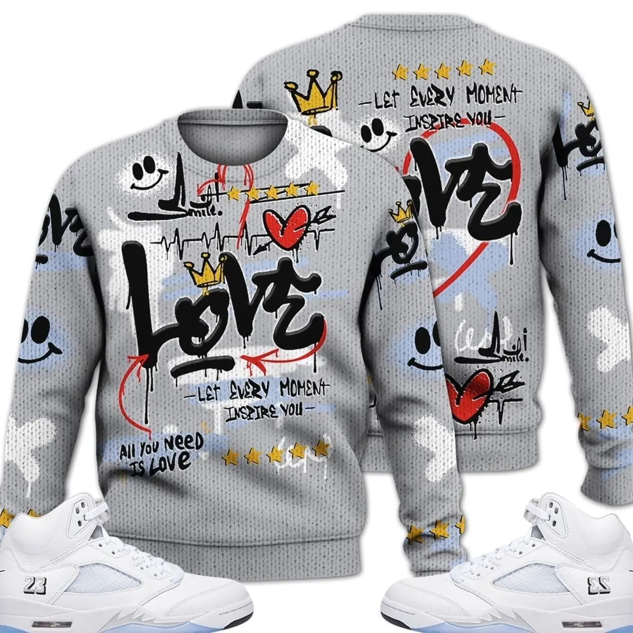 Retro White Metallic 5s Outfits Ugly Sweater, Happy Love Beats Graffiti Outfits Streetwear Unisex Sneaker Matching Shirt