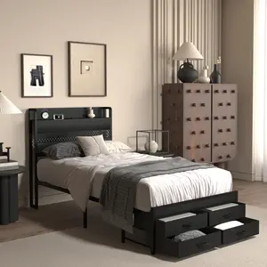 Twin Size Bed Frame with 4 Storage Drawers & Charging Station, Modern Metal Twin Platform Bed with Bookshelf Headboard, RGB LED Lights, Twin Storage Bed for Bedroom, No Box Spring Needed (Black, Twin)