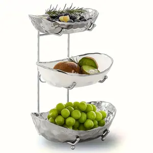 Kitchen countertop fruit bowl -3-layer ceramic container with metal frame, layered fruit basket for storing fruits, vegetables, snacks, nuts, cakes, desserts, small and cute stand