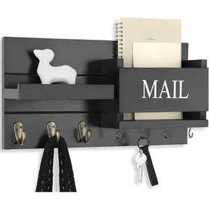 Mail Organizer for Wall – Key Holder with Shelf Includes Letter Holder and for Hallway Farmhouse Decor – Wood with Flush Mounting (16.5" x 9.1" x 3.4") (Black)