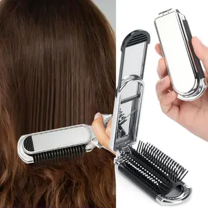 Foldable Cushion Mirror Comb, 2-In-1 Travel Hairbrush with Detachable Mirror, Compact Massage Comb for Gym Travel & Wallet, Haircare